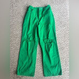 Porter Collective 100% Cotton Kelly Green Wide Leg Distressed Pants, size S/M